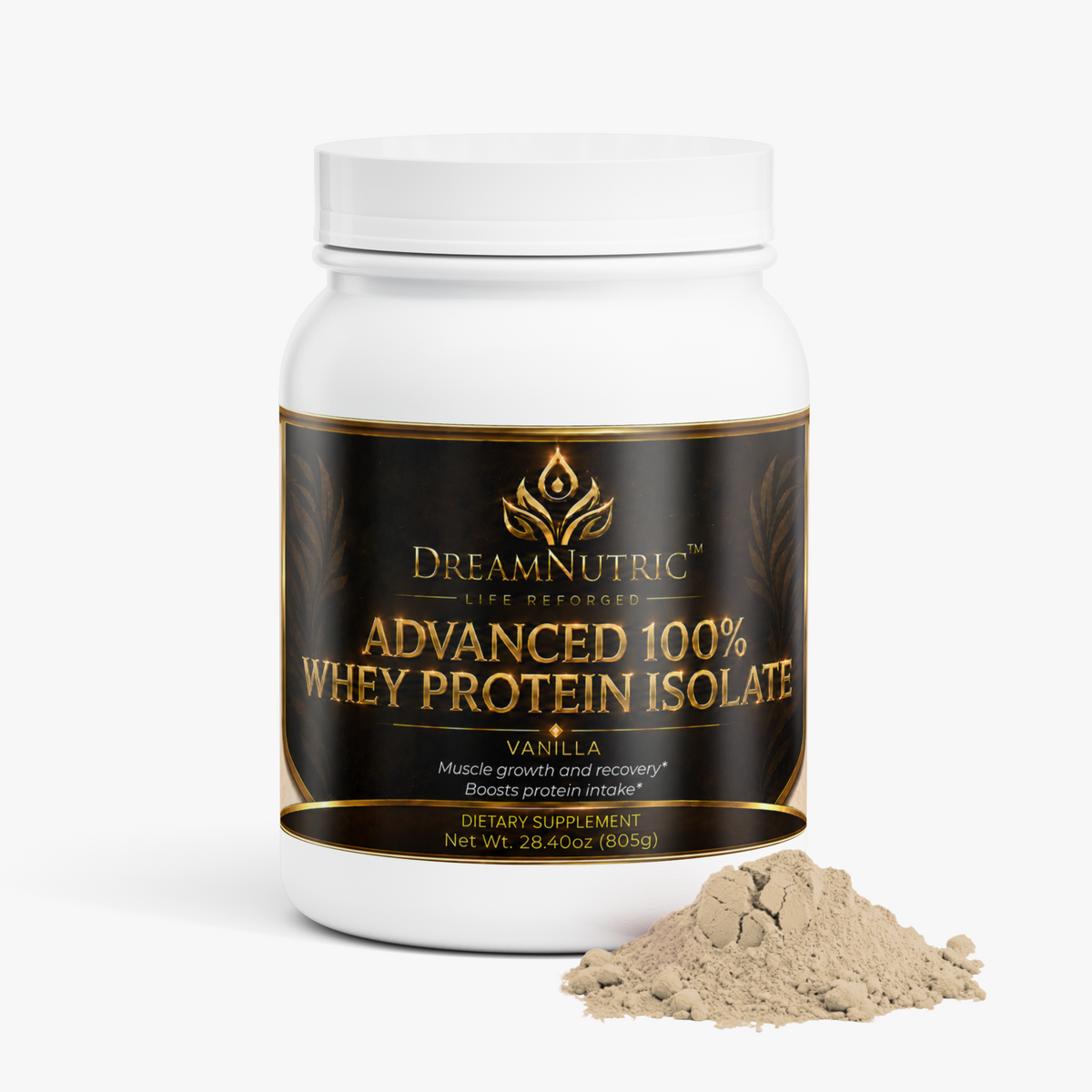 DreamNutric whey protein isolate tub with vanilla powder