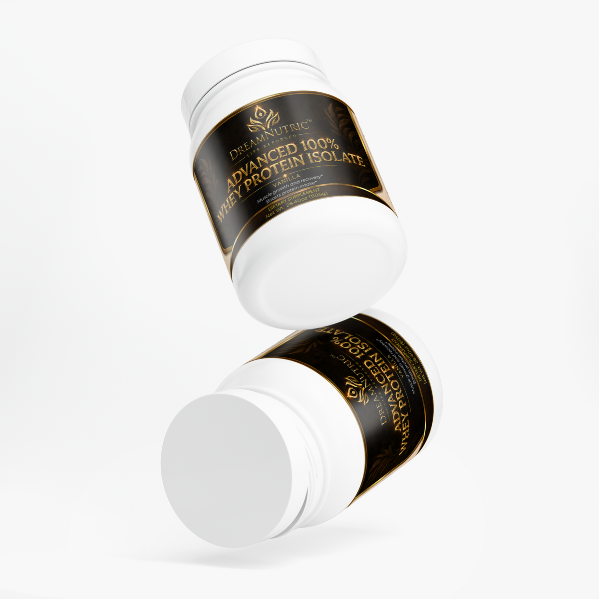 Two DreamNutric whey protein isolate tubs, tilted view