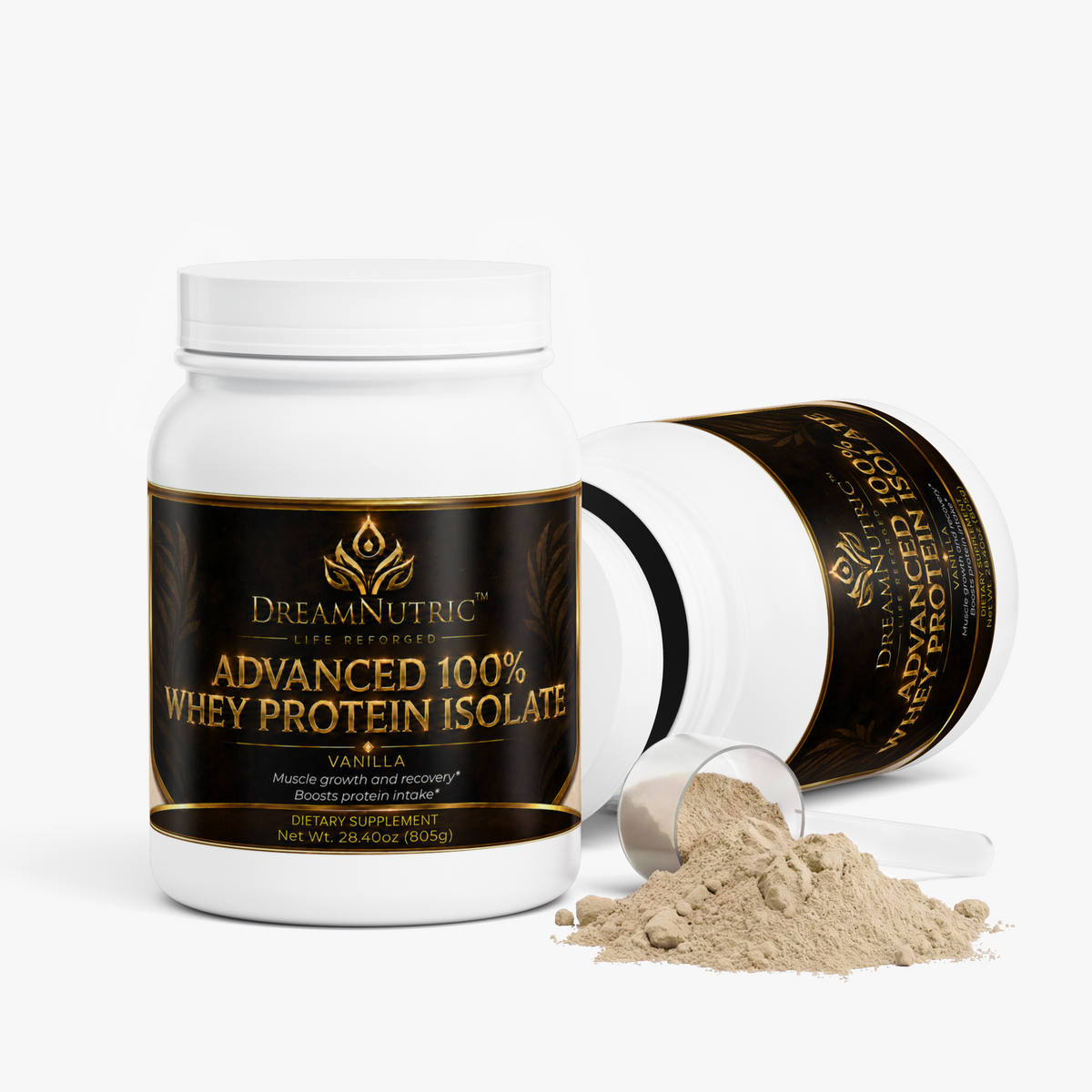 DreamNutric whey protein isolate tub open with scoop and powder