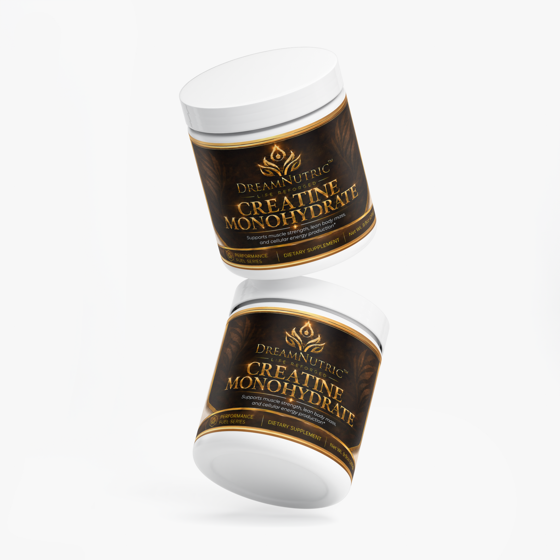 Two DreamNutric Creatine Monohydrate jars, tilted view