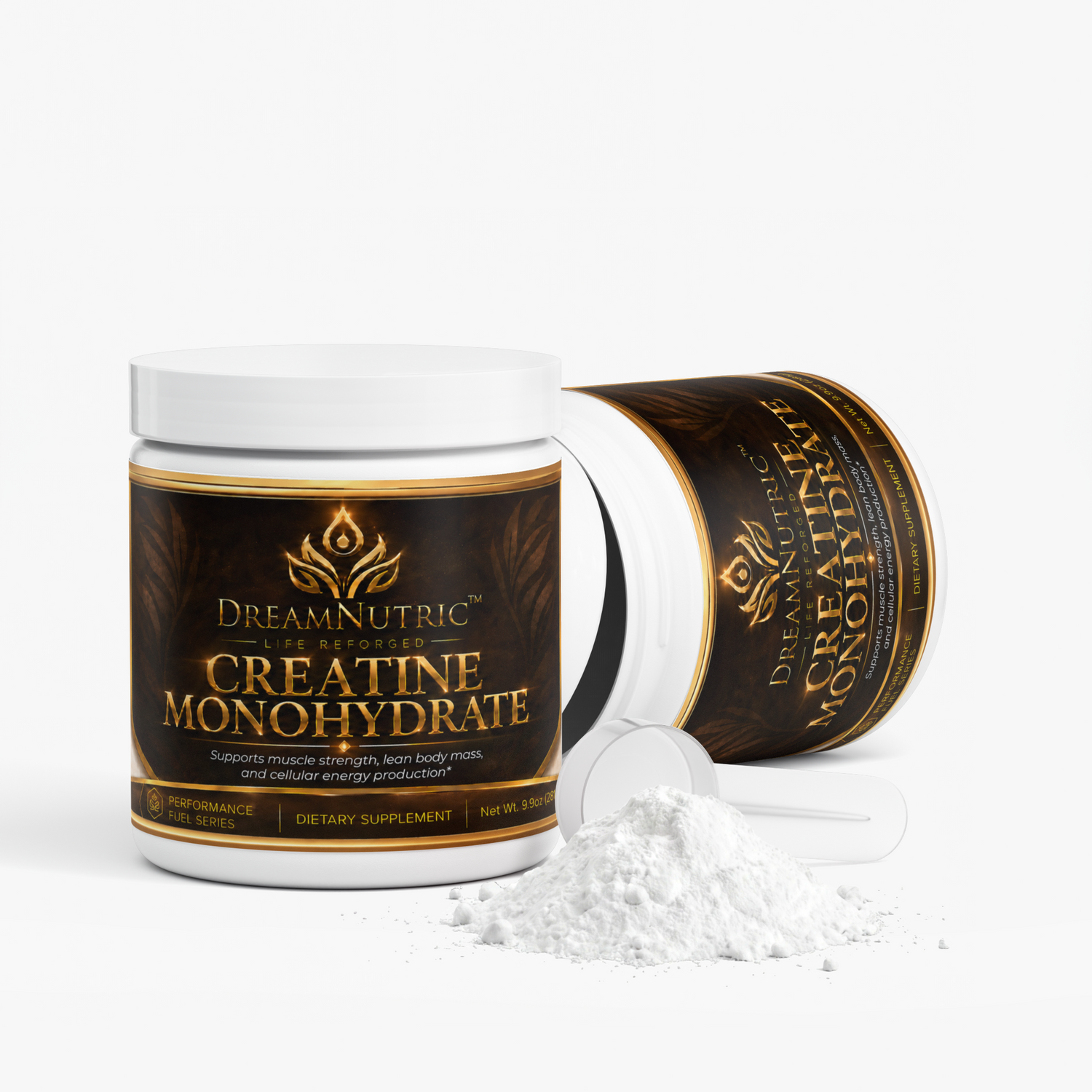 DreamNutric Creatine Monohydrate jar open showing powder and scoop