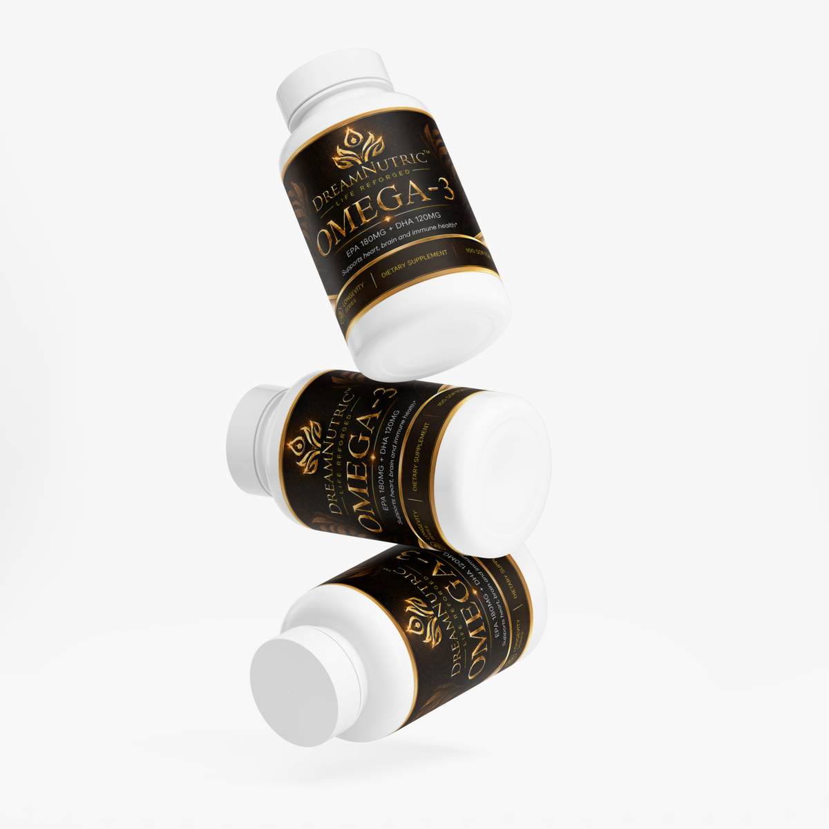 DreamNutric Omega-3 bottles, tilted view