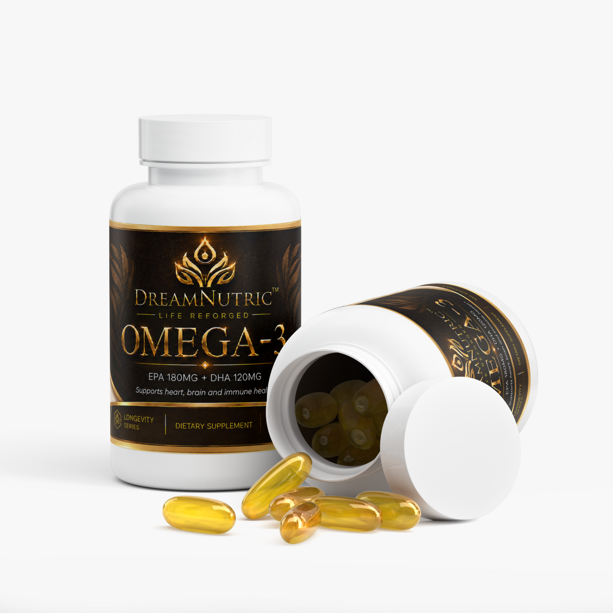 DreamNutric Omega-3 bottle open with softgels spilling out