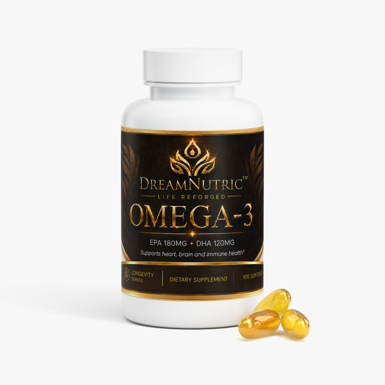 DreamNutric Omega-3 bottle with golden softgels