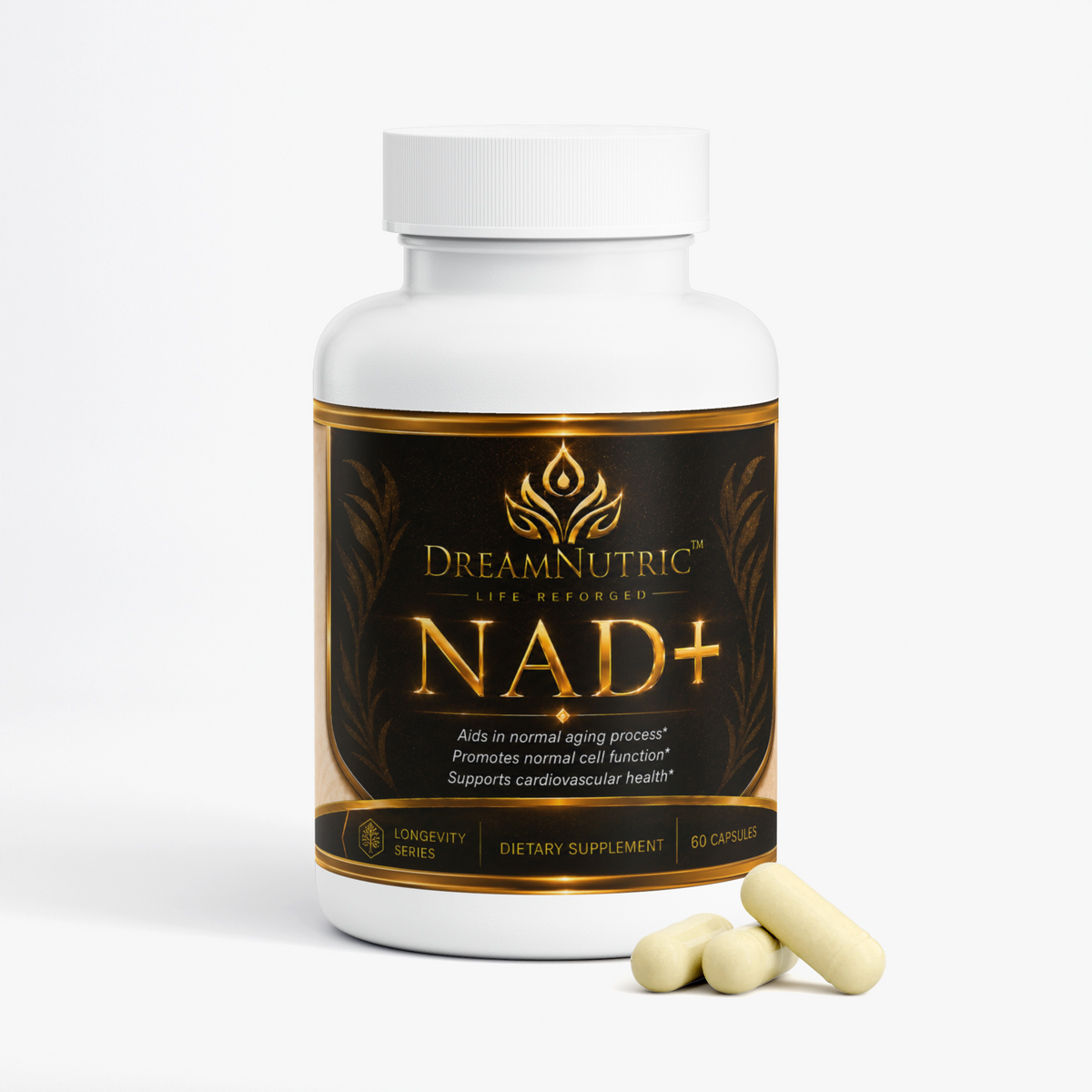 DreamNutric NAD+ bottle with capsules beside it