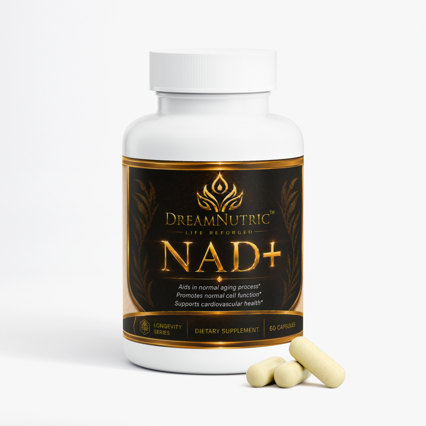 DreamNutric NAD+ bottle with capsules beside it