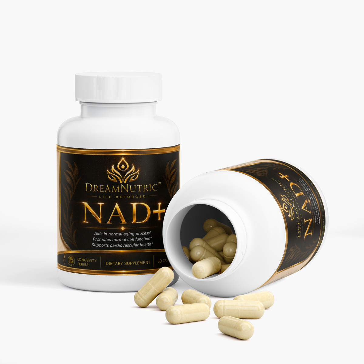 DreamNutric NAD+ bottle open with capsules spilling out