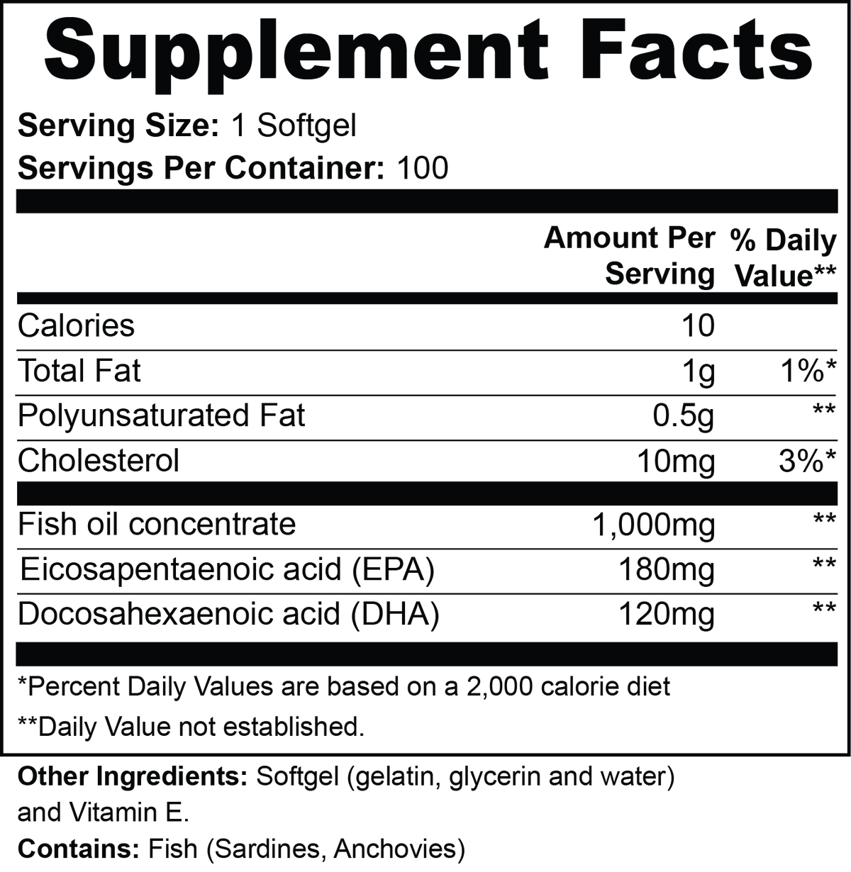 Omega-3 Supplement Facts panel, 180 mg EPA and 120 mg DHA per softgel