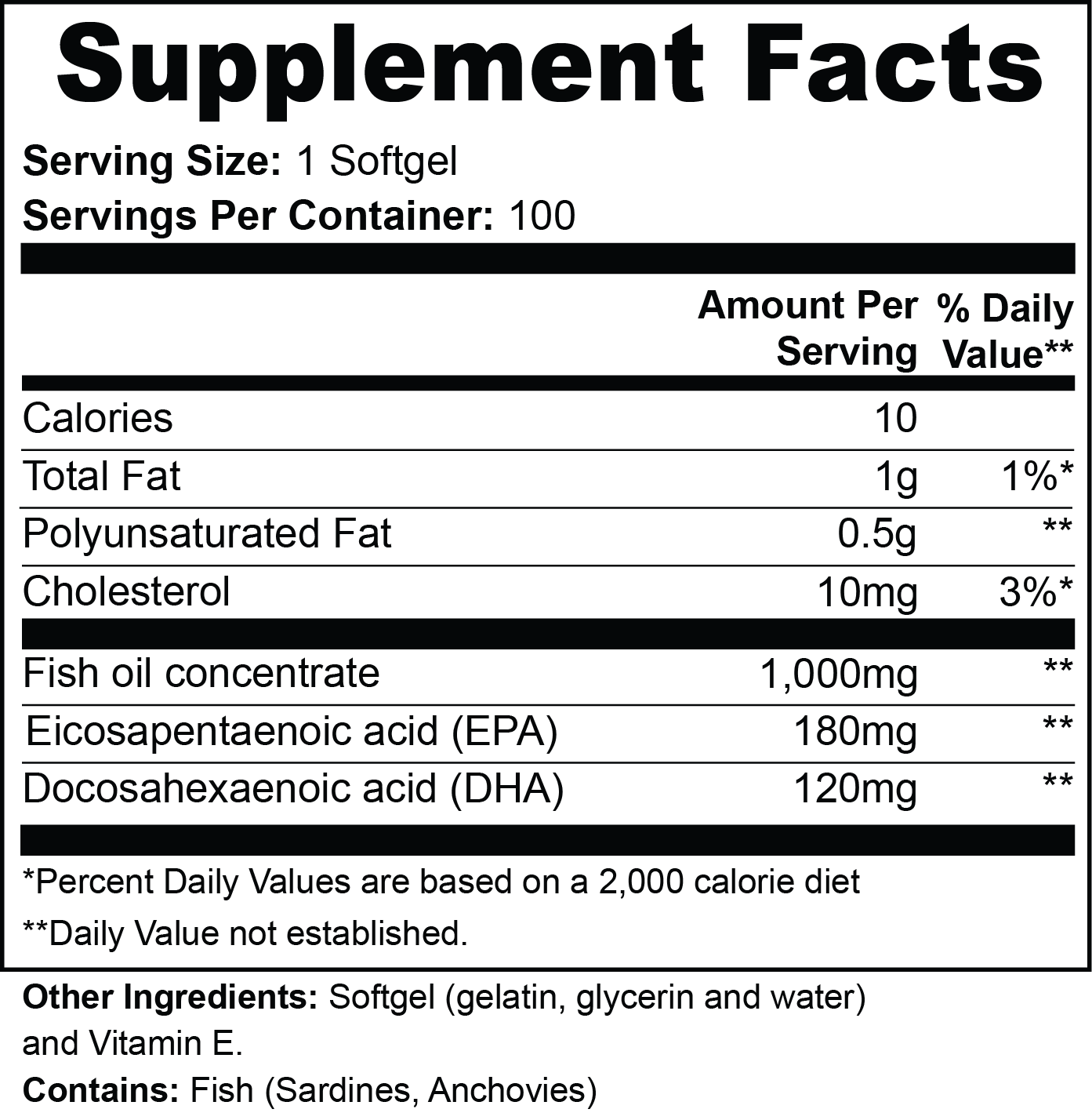 Omega-3 Supplement Facts panel, 180 mg EPA and 120 mg DHA per softgel